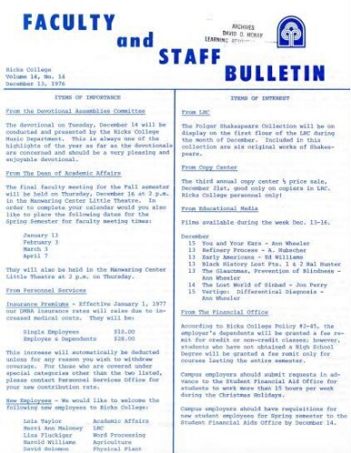 Faculty Bulletin, Volume 14, No. 14, December 13, 1976