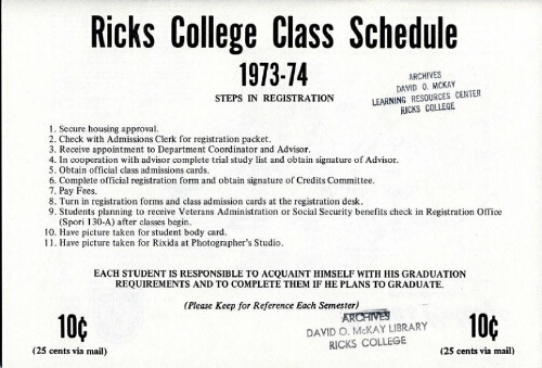 BYU-Ricks Center for Continuing Education, Fall Term, 1973