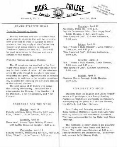 Faculty Bulletin, Volume 6, No. 9, April 14, 1969