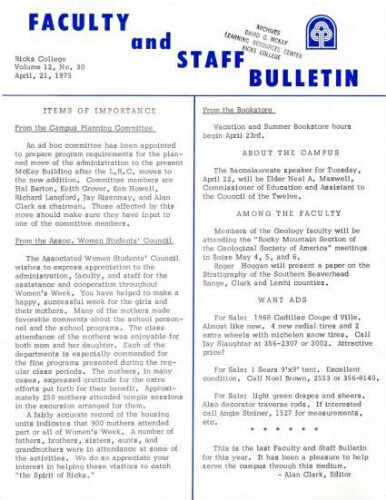 Faculty Bulletin, Volume 12, No. 30, April 21, 1975