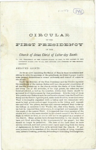 Circular of the First Presidency of the Church of Jesus Christ of Latter-day Saints
