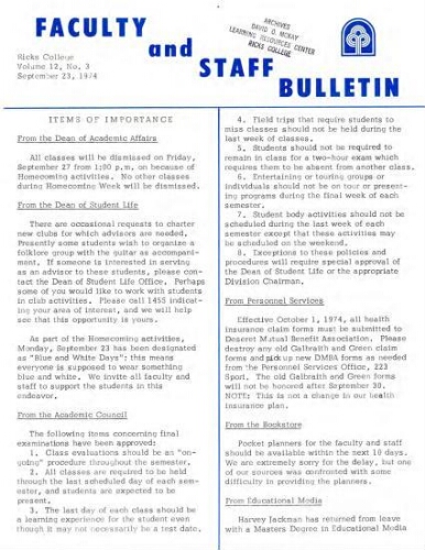 Faculty Bulletin, Volume 12, No. 3, September 23, 1974