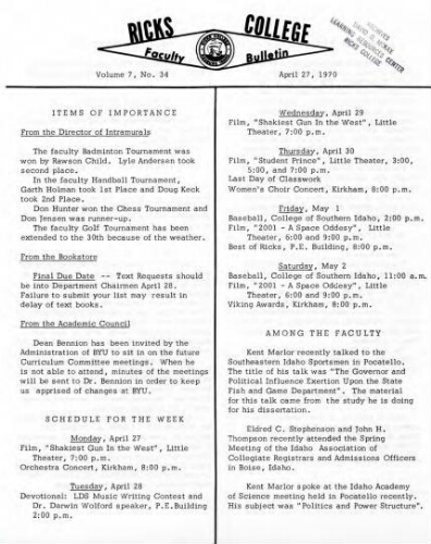 Faculty Bulletin, Volume 7, No. 34, April 27, 1970
