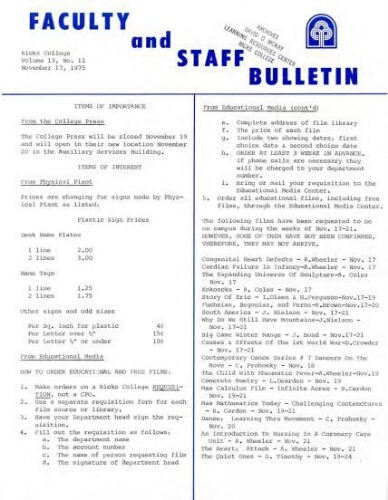 Faculty Bulletin, Volume 13, No. 11, November 17, 1975