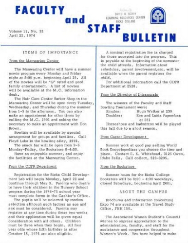 Faculty Bulletin, Volume 11, No. 32, April 22, 1974