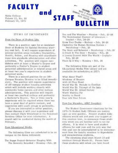 Faculty Bulletin, Volume 12, No. 20, February 10, 1975