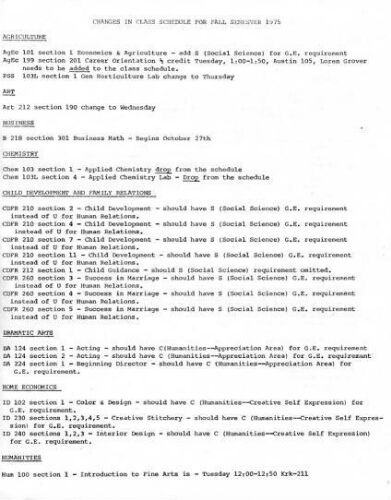 Changes in Class Schedule for Fall Semester 1975