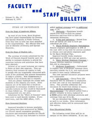 Faculty Bulletin, Volume 11, No. 21, February 4, 1974