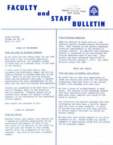 Faculty Bulletin, Volume 14, No. 30, April 25, 1977
