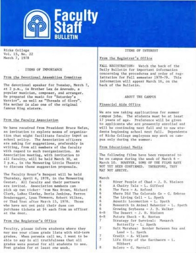 Faculty Bulletin, Volume 15, No. 21, February 27, 1978