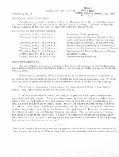 Faculty Bulletin, Volume 5, No. 9, April 26, 1968