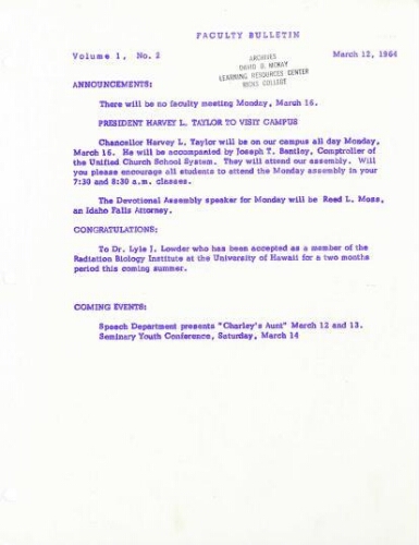 Faculty Bulletin, Volume 1, No. 2, March 12, 1964