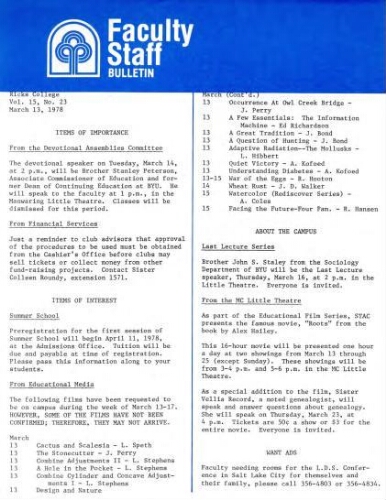 Faculty Bulletin, Volume 15, No. 23, March 13, 1978