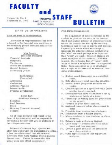 Faculty Bulletin, Volume 11, No. 4, September 17, 1973