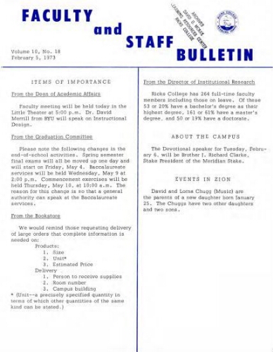 Faculty Bulletin, Volume 10, No. 18, February 5, 1973