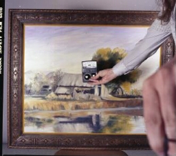Painting of an abandoned farmhouse with a strobe meter