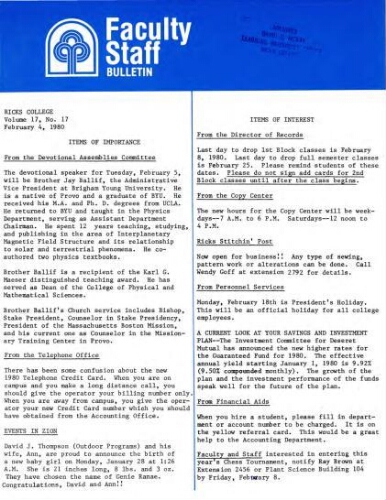 Faculty Bulletin, Volume 17, No. 17, February 4, 1980