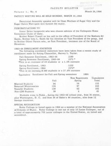 Faculty Bulletin, Volume 1, No. 4, March 26, 1964