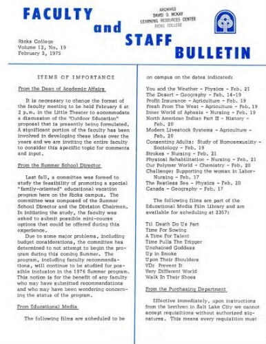 Faculty Bulletin, Volume 12, No. 19, February 3, 1975