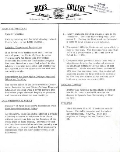 Faculty Bulletin, Volume 8, No. 22, March 5, 1971