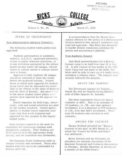 Faculty Bulletin, Volume 9, No. 25, March 27, 1972