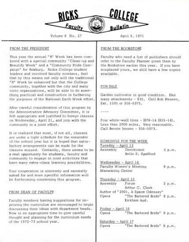 Faculty Bulletin, Volume 8, No. 27, April 9, 1971