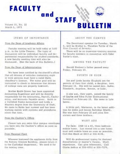 Faculty Bulletin, Volume 10, No. 22, March 5, 1973