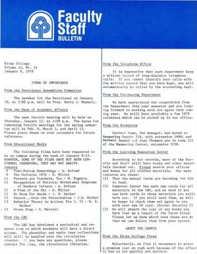 Faculty Bulletin, Volume 15, No. 14, January 9, 1978
