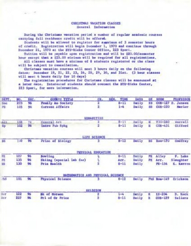 1971 Christmas Vacation Classes: General Information