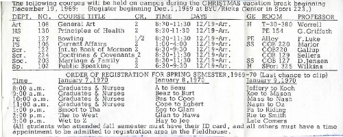 Ricks College Christmas break class schedule, 1969