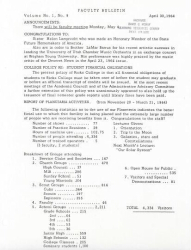 Faculty Bulletin, Volume 1, No. 9, April 30, 1964