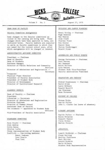 Faculty Bulletin, Volume 9, No. 1, August 27, 1971