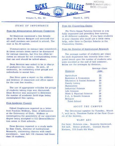 Faculty Bulletin, Volume 9, No. 22, March 6, 1972