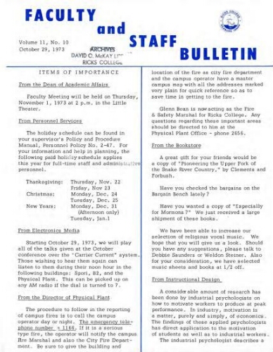 Faculty Bulletin, Volume 11, No. 10, October 29, 1973