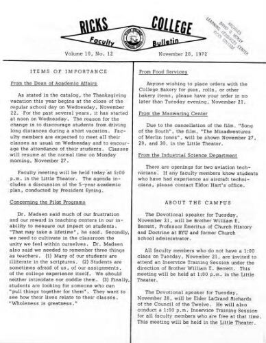 Faculty Bulletin, Volume 10, No. 12, November 20, 1972