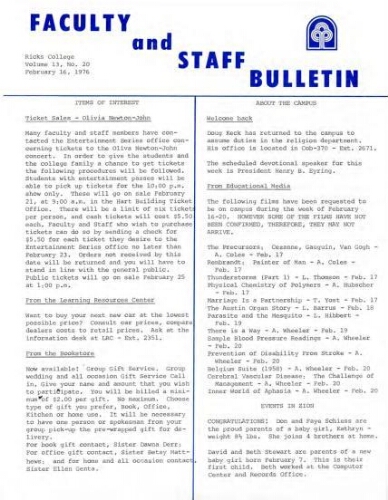 Faculty Bulletin, Volume 13, No. 20, February 16, 1976