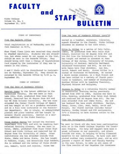 Faculty Bulletin, Volume 13, No. 3, September 22, 1975