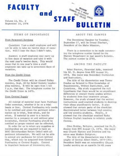 Faculty Bulletin, Volume 12, No. 2, September 16, 1974