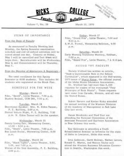 Faculty Bulletin, Volume 7, No. 29, March 23, 1970
