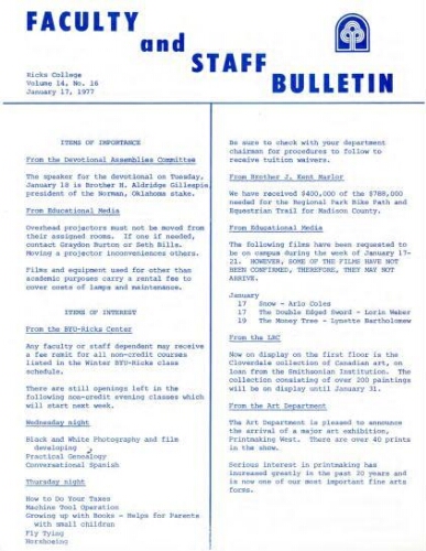 Faculty Bulletin, Volume 14, No. 16, January 17, 1977