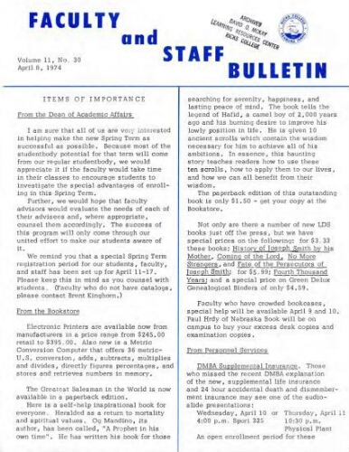 Faculty Bulletin, Volume 11, No. 30, April 8, 1974