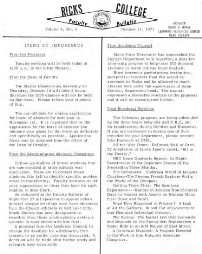 Faculty Bulletin, Volume 9, No. 6, October 11, 1971