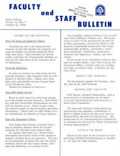Faculty Bulletin, Volume 12, No. 7, October 21, 1974