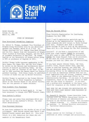 Faculty Bulletin, Volume 17, No. 23, March 21, 1980
