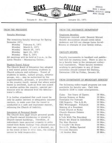 Faculty Bulletin, Volume 8, No. 18, January 22, 1971