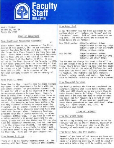 Faculty Bulletin, Volume 19, No. 24, March 12, 1982