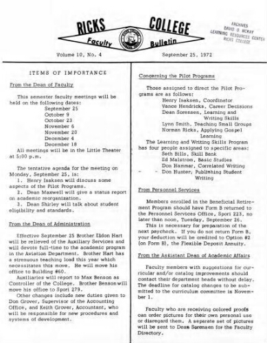 Faculty Bulletin, Volume 10, No. 4, September 25, 1972