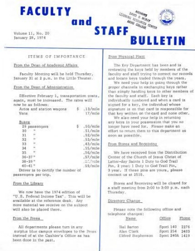 Faculty Bulletin, Volume 11, No. 20, January 28, 1974