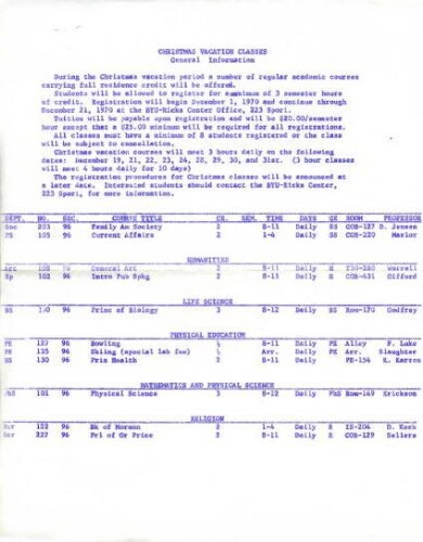 1970 Christmas Vacation Classes: General Information