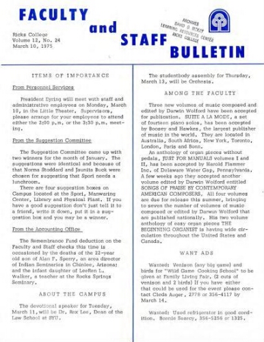 Faculty Bulletin, Volume 12, No. 24, March 10, 1975